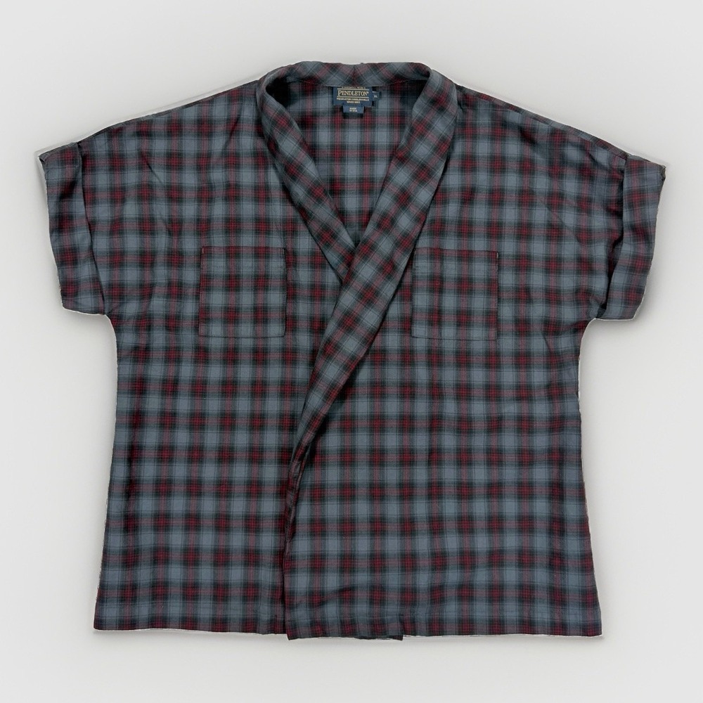 Pendleton Wool Wrap Top Women's XL Plaid Made USA Short Sleeve Cottagecore